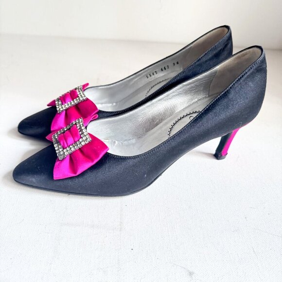 Casadei Luxe Vintage Satin Rhinestone Bow Black Pink Kitten Heels - Picture 10 of 12